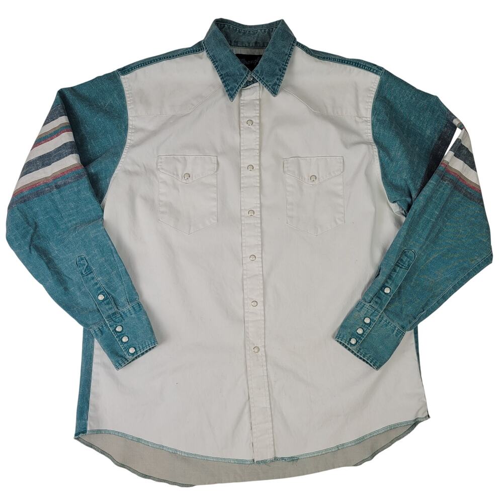 Vintage Wrangler White & Green Pearl Snap Shirt Extra Long Tails Men's Sz XL